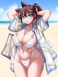  absurdres adjusting_hair amano_megumi amano_megumi_wa_suki_darake! arms_behind_head bag beach bikini blurry blurry_background breasts bright_pupils brown_hair cowboy_shot female green_eyes highres jewelry large_breasts looking_at_viewer mouth_hold navel necklace nekoguchi o-ring o-ring_bikini outdoors ponytail see-through_bag see-through_bikini shiny_skin shorts shoulder_bag solo swimsuit thighs white_bikini white_pupils 