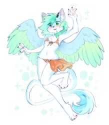  2024 anthro bikini blue_body blue_feathers blue_fur blush clothing digital_drawing_(artwork) digital_media_(artwork) feathered_wings feathers female fur gesture green_body green_eyes green_feathers green_hair hair inner_ear_fluff looking_at_viewer pawpads pink_pawpads solo swaybat swimwear tuft two-piece_swimsuit waving white_body white_fur wings 