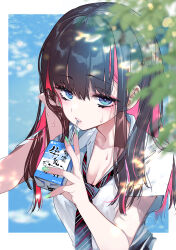  black_hair blue_background blue_eyes border breasts cleavage commentary_request drinking eyeshadow female hand_in_own_hair highres holding juice_box kamizuki_shiki long_hair looking_at_viewer makeup medium_bangs medium_breasts multicolored_hair multicolored_necktie necktie original outside_border pink_eyeshadow red_hair school_uniform shirt short_sleeves solo straight_hair sweat two-tone_hair upper_body white_border white_shirt 