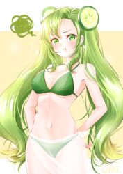  arms_behind_back bikini blush breasts clip_studio_paint_(medium) cookie_run female green_bikini green_eyes green_hair hair_ornament humanization lime_cookie long_hair medium_breasts navel pout saltycaramel see-through solo spoken_squiggle squiggle swimsuit twintails yellow_background 