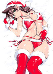  amano_megumi amano_megumi_wa_suki_darake! aqua_eyes bikini blush breasts bright_pupils brown_hair christmas female fur_trim gloves hat highres large_breasts long_hair looking_at_viewer lying navel nekoguchi non-web_source official_art on_back red_bikini red_gloves red_thighhighs santa_bikini santa_costume santa_hat side-tie_bikini_bottom smile snow snowing snowman solo swimsuit thighhighs 