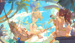  3girls alternate_breast_size ass backboob ball barefoot beachball blonde_hair blue_sky bottle breasts brown_hair casual_one-piece_swimsuit cataquack cloud crown cup cutesexyrobutts day drink feet foot_out_of_frame from_behind green_one-piece_swimsuit highres holding holding_cup jumping large_breasts legs long_hair looking_at_viewer luma_(mario) lying mario_(series) multiple_girls on_back one-piece_swimsuit outdoors palm_tree parasol patreon_logo patreon_username princess_daisy princess_peach red_footwear red_one-piece_swimsuit red_toad_(mario) rosalina sandals shine_sprite shoes sideboob sitting sky soles strappy_heels swimsuit toad_(mario) toes tree umbrella volleyball volleyball_net wing_cap wing_mario yellow_one-piece_swimsuit 