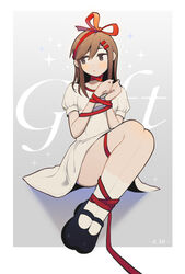  black_footwear bondage bondage border bound bound_ankles bound_wrists brown_eyes brown_hair casual closed_mouth commentary dated dress english_commentary english_text expressionless female grey_background hair_ornament hair_ribbon hairclip highres inuinu-s jitome kagerou_project looking_to_the_side medium_hair no_scarf outside_border red_ribbon red_trim ribbon shadow short_sleeves simple_background socks solo sparkle tateyama_ayano thighs two-tone_ribbon white_background white_border white_dress white_socks 