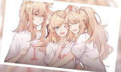  3girls alternate_costume animal_ear_fluff animal_ears arknights aunt_and_niece black_bow blemishine_(arknights) blonde_hair blue_eyes blush bow cake closed_eyes clothes_writing commentary food fork gemi_25 hairbow highres holding holding_fork holding_plate hug long_hair looking_at_another looking_at_viewer multiple_girls nearl_(arknights) oerba_yun_fang one_eye_closed open_mouth photo_(object) plate ponytail shirt siblings sisters upper_body whislash_(arknights) white_shirt yellow_eyes 