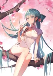  arm_support azit_(down) blue_eyes branch breasts china_dress chinese_clothes cleavage cleavage_cutout closed_mouth clothing_cutout commentary dress english_commentary feet_out_of_frame female flower green_hair hair_flower hair_ornament hand_fan hand_up hatsune_miku highres holding holding_fan in_tree long_hair medium_breasts official_alternate_costume official_alternate_hairstyle pink_flower pink_theme shaohua_hatsune_miku short_sleeves solo tree tuanshan very_long_hair vocaloid white_dress 