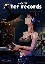  bare_shoulders black_camisole black_hair black_pants camisole female headphones highres holding_record leaf midriff navel open_fly original pants plant profile shadow short_hair signature solo tree_13 upper_body 