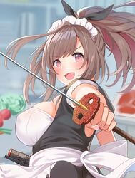  apron blush bow breasts brown_eyes brown_hair covered_nipples female food hairbow idolmaster idolmaster_shiny_colors katana kitchen koukoku large_breasts long_hair maid maid_apron maid_headdress meat open_mouth ponytail sideboob smile solo sword tsukioka_kogane vegetable weapon 