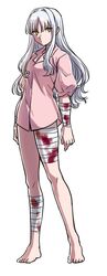  applechoc bandaged_arm bandaged_leg bandaged_neck bandages barefoot blood blood_on_bandages blood_stain caren_hortensia fate/hollow_ataraxia fate_(series) female full_body highres long_hair no_pants pink_shirt shirt white_background white_hair yellow_eyes 