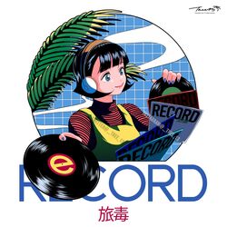  black_hair blue_eyes blue_nails female headphones highres holding_record instagram_username leaf original plant record record_jacket short_hair smile solo tree_13 twitter_username upper_body 