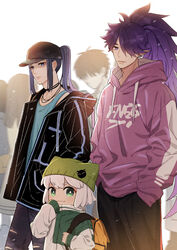  3boys aqua_tank_top artist_request backpack bag black_headwear black_jacket black_pants blue_eyes check_artist drawstring earrings fengxi_(the_legend_of_luoxiaohei) green_eyes green_headwear hair_over_one_eye hand_up hat highres hood hood_down hoodie jacket jewelry ji_chuan_liu lolicon long_hair luo_xiaohei luo_xiaohei_(human) luo_xiaohei_zhanji male_focus multiple_boys necklace pants pointy_ears ponytail purple_eyes purple_hoodie third-party_source very_long_hair wuxian_(the_legend_of_luoxiaohei) yellow_bag 