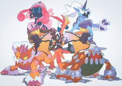  absurdres bad_id bad_twitter_id beak claws commentary_request heatran highres landorus landorus_(therian) looking_at_viewer multicolored_eyes no_humans open_mouth pokemon pokemon_(creature) saiku_(zvlku) tapu_koko tapu_lele thundurus thundurus_(therian) 