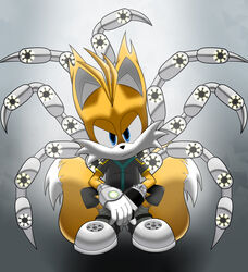  2022 2_tails :/ angry animal_humanoid anthro arachnid arachnid_humanoid arthropod arthropod_humanoid blue_eyes bottomwear canid canine clothed clothing cybernetic_limb digital_drawing_(artwork) digital_media_(artwork) dipstick_tail facial_tuft footwear fox full-length_portrait fur gloves gradient_background grey_bottomwear grey_clothing grey_footwear grey_shirt grey_shoes grey_shorts grey_topwear half-closed_eyes handwear hi_res humanoid looking_at_viewer machine male mammal markings marvel multi_tail narrowed_eyes netflix orange_body orange_fur portrait pose sega shaded shirt shoes shorts simple_background solo sonic_prime sonic_the_hedgehog_(series) spider-man_(series) spider_humanoid tail tail_markings tails tails_nine thecakeee topwear tuft unimpressed white_clothing white_footwear white_gloves white_handwear white_shoes 