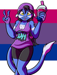  3:4 anthro bisexual_pride_colors blue_body blue_fur breasts cleavage clothed clothing dipstick_tail felid female fingerless_gloves fur gesture gloves hand_gesture handwear hi_res lgbt_pride lion mammal markings mitsuko_kazama pantherine pink_nose pride_colors shirt solo strays_of_siravia tail tail_markings tail_tuft tank_top thelordoflemonz tongue tongue_out topwear tuft v_sign yellow_eyes 