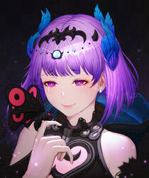  bad_id bad_pixiv_id bare_shoulders black_butterfly black_dress black_flower blue_feathers blush bug butterfly butterfly_on_hand commentary destiny_child dress ear_piercing feather_hair_ornament feathers female flower hair_ornament hand_up highres lerio_(leriodraws) piercing purple_eyes purple_hair short_hair signature smile solo tears thisbe_(destiny_child) upper_body 