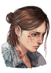  blood blood_on_clothes blood_on_face blood_stain brown_hair ellie_(the_last_of_us) female hungry_clicker lips open_mouth portrait short_hair simple_background solo the_last_of_us the_last_of_us_(series) white_background 