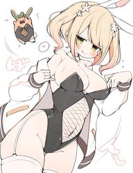  ? adapted_costume animal_ears bare_shoulders black_leotard blonde_hair blush breasts changing_clothes clothing_cutout commentary_request cowboy_shot curvy fake_animal_ears female fishnet_cutout fishnets flower garter_straps green_eyes groin hair_flower hair_ornament highleg highleg_leotard highres hololive jacket kuma_no_bansoukou large_breasts leotard leotard_pull long_sleeves medium_hair momosuzu_nene momosuzu_nene_(1st_costume) narrow_waist navel_cutout nekko_(momosuzu_nene) official_alternate_hairstyle playboy_bunny rabbit_ears sailor_collar simple_background skindentation solo_focus spoken_question_mark strapless strapless_leotard thick_thighs thigh_gap thighhighs thighs twintails undressing virtual_youtuber white_background white_garter_straps white_jacket white_thighhighs wide_hips 