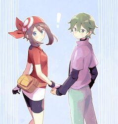  ! 1boy aqua_eyes bandana bike_shorts blush brown_hair commentary_request drew_(pokemon) eyelashes fanny_pack female gloves green_hair green_pants hair_between_eyes looking_at_viewer looking_back may_(pokemon) pants pokemon pokemon_(anime) pokemon_rse_(anime) purple_shirt red_bandana red_shirt shirt short_sleeves suzumi_(fallxalice) 