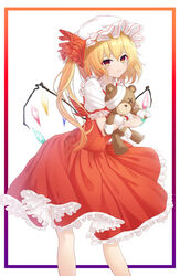  blonde_hair border commentary_request female flandre_scarlet frilled_shirt frilled_shirt_collar frilled_skirt frilled_sleeves frills hat hat_ribbon highres holding hugging_doll hugging_object ju-ok long_hair looking_at_viewer mob_cap one_side_up pout puffy_short_sleeves puffy_sleeves red_border red_eyes red_ribbon red_skirt ribbon shirt short_hair short_sleeves side_ponytail skirt solo standing stuffed_animal stuffed_toy teddy_bear touhou white_hat white_shirt wings 