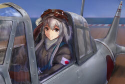  a6m_zero aircraft airplane alternate_costume aviator_cap brown_eyes brown_gloves day female fur gloves goggles goggles_on_headwear hair_between_eyes haruto_(harut_n) hat highres jacket japanese_flag kantai_collection long_hair long_sleeves ocean outdoors salute shoukaku_(kancolle) sidelocks sky smile solo white_hair 