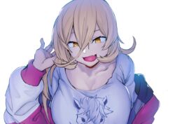  blonde_hair breasts cleavage female gomio_(bb-k) hair_between_eyes highres jacket large_breasts long_hair long_sleeves nijisanji nui_sociere nui_sociere_(2nd_costume) oerba_yun_fang open_clothes open_jacket shirt simple_background skin_fang solo t-shirt upper_body virtual_youtuber white_background white_shirt yellow_eyes 