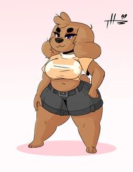  absurd_res anthro big_breasts bottomwear breasts brown_body brown_fur canid canine canis clothing domestic_dog female freckles front_view fur hand_on_hip head_tuft hi_res hotpants looking_at_viewer mammal midriff navel purple_eyes short_stack shorts solo sprinkles_(thehoneybutter) thehoneybutter thick_thighs tuft wide_hips 