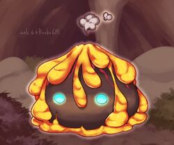  blue_eyes commentary_request dated full_body glowing glowing_eyes lava looking_at_viewer magmaring no_humans no_mouth ragnarok_online rouko605 simple_background slime_(creature) smoke 