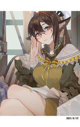  absurdres adjusting_eyewear animal_ears arknights book bow bowtie brown_eyes brown_hair chinese_commentary crossed_legs dated dress feet_out_of_frame female fox_ears glasses green_sleeves hairband hairbow hand_on_eyewear highres holding holding_book letterboxed long_hair looking_at_viewer official_alternate_costume perfumer_(arknights) perfumer_(leisurely_afternoon)_(arknights) ponytail reading semi-rimless_eyewear sitting solo thighs under-rim_eyewear yellow_bow yellow_bowtie yellow_dress yumingtongxue 