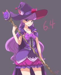  animal_ears bubble_skirt cape cat_ears chocokin closed_mouth collarbone corset cowboy_shot earrings female flower grey_background halloween halloween_costume hat hat_flower holding holding_staff jewelry kirakira_precure_a_la_mode kotozume_yukari long_hair miniskirt precure purple_cape purple_eyes purple_hair purple_hat purple_skirt red_flower rose simple_background skirt smile solo staff standing straight_hair unofficial_precure_costume very_long_hair witch_hat 