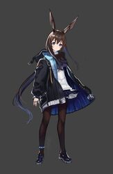  amiya_(arknights) animal_ears arknights blue_eyes brown_hair closed_mouth coat female full_body grey_background highres long_hair looking_at_viewer open_clothes open_coat pantyhose pleated_skirt rabbit_ears rabbit_girl shoes sidelocks simple_background skirt solo standing zero_(miraichizu) 