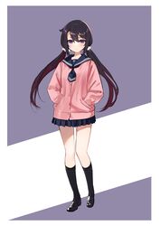  absurdres black_hair cardigan closed_mouth female full_body hair_between_eyes hand_in_pocket highres loafers long_hair looking_at_viewer original pleated_skirt purple_eyes sailor_collar school_uniform shoes simple_background skirt socks solo standing twintails zero_(miraichizu) 