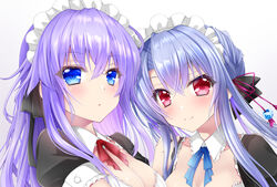  2020 2girls alternate_costume black_bow blue_eyes blue_hair blue_ribbon blush bow breasts chibinon cleavage cleavage_cutout close-up closed_mouth clothing_cutout collar commentary_request crossed_bangs dated_commentary detached_collar enmaided expressionless eyelashes eyes_visible_through_hair frilled_collar frills hair_between_eyes hair_ornament hairbow hand_on_another&#039;s_shoulder heads_together large_breasts long_hair looking_at_viewer maid maid_headdress multiple_boys multiple_girls parted_lips puffy_short_sleeves puffy_sleeves purple_hair red_eyes red_ribbon ribbon short_sleeves siblings sidelocks simple_background sisters smile sorakado_ai sorakado_ao summer_pockets tassel tassel_hair_ornament twins white_background white_collar 