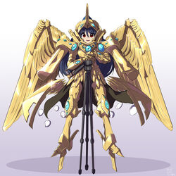  armor blue_hair female full_body geta gold_armor highres holding holding_tripod iizunamaru_megumu long_hair pointy_ears red_eyes saint_seiya shoulder_guard simple_background solo syope tengu tengu-geta touhou tripod 