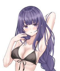  absurdres armpits arms_up bad_id bad_twitter_id bare_arms bare_shoulders bikini black_bikini braid breasts cleavage collarbone female front-tie_bikini_top front-tie_top genshin_impact hand_up highres large_breasts long_hair looking_at_viewer muyang parted_lips purple_eyes purple_hair raiden_shogun simple_background single_braid solo string_bikini swimsuit upper_body wet white_background 