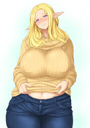  blonde_hair blush breasts clothes_lift covered_nipples denim elf female jeans large_breasts lifting_own_clothes long_hair long_pointy_ears looking_at_viewer mature_female navel nenbuta original pants pointy_ears ribbed_sweater simple_background solo sweater sweater_lift 