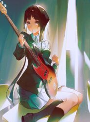  absurdres akiyama_mio bass_guitar black_eyes black_hair black_jacket black_socks blue_sky breasts collared_shirt desk female highres holding holding_instrument instrument jacket k-on! kneehighs long_hair long_sleeves looking_at_viewer medium_breasts neck_ribbon on_desk pleated_skirt plectrum_in_mouth reinene ribbon sakuragaoka_high_school_uniform school_uniform shirt shoes sitting skirt sky socks solo very_long_hair winter_uniform 