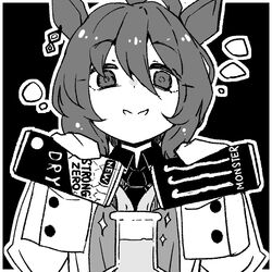  agnes_tachyon_(umamusume) ahoge animal_ears can collared_shirt earrings erlenmeyer_flask female flask greyscale hair_between_eyes highres holding holding_can horse_ears jewelry kodachi_(kuroyuri_shoukougun) lab_coat long_hair looking_at_viewer monochrome monster_energy pouring shirt single_earring sleeves_past_fingers sleeves_past_wrists smile solo sparkle strong_zero umamusume upper_body 