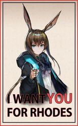  akira_(aristole) amiya_(arknights) animal_ears arknights black_jacket blue_eyes border brown_background brown_hair commentary english_text female hair_between_eyes hand_up highres i_want_you jacket jewelry long_hair long_sleeves looking_at_viewer open_clothes open_jacket parody pointing pointing_at_viewer rabbit_ears ring shirt solo upper_body white_shirt 