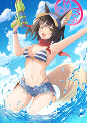  animal_ears bikini blue_archive blue_bikini blue_shorts blue_sky breasts brown_eyes cloud day denim denim_shorts female fox_ears fox_girl fox_tail front-tie_bikini_top front-tie_top halo highleg highleg_bikini highres holding holding_water_gun izuna_(blue_archive) izuna_(swimsuit)_(blue_archive) micro_shorts navel one_eye_closed outdoors pink_halo red_scarf scarf shorts sky small_breasts solo splashing striped_bikini striped_clothes swimsuit synn032 tail visor_cap wading water water_gun 