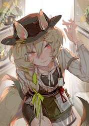  absurdres animal animal_ears arknights beanstalk_(arknights) black_headwear black_shirt black_shorts blonde_hair bow braid chinese_commentary cowboy_shot crab ears_through_headwear female green_bow hairbow hand_up highres hyena_ears hyena_girl hyena_tail id_card indoors jacket long_hair looking_at_viewer metal_crab_(arknights) red_eyes see-through shirt shorts solo tail white_jacket yumingtongxue 