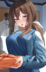  admire_vega_(umamusume) animal_ears apron aran_sweater az_nyam blue_apron blue_sweater blurry blurry_background blush box breasts cable_knit clothes_hanger commentary_request female furoshiki hair_intakes half-closed_eyes highres holding holding_box horse_ears indoors large_breasts long_hair long_sleeves looking_at_viewer lunchbox open_mouth pink_eyes ponytail puff_of_air shirt sidelocks sleeves_past_wrists solo sweatdrop sweater umamusume upper_body white_shirt 