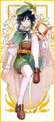  1boy absurdres bard beret black_hair blue_eyes blue_hair blush braid cape flower frilled_sleeves frills gem genshin_impact gradient_hair green_hat hair_flower hair_ornament hakamii hat highres jewelry lily_(flower) long_sleeves looking_at_viewer lyre male_focus multicolored_hair open_mouth otoko_no_ko pantyhose ribbon shoes shorts smile solo twin_braids venti_(genshin_impact) white_pantyhose 