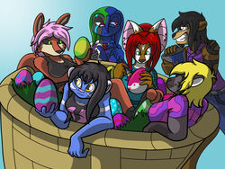  4:3 amphibian anthro basket bat black_hair black_nose black_sclera blonde_hair blue_body blue_eyes blue_fur breasts brown_eyes canid canine canis closed_eyes clothed clothing container easter easter_basket easter_egg eyewear felid female fur glasses gradient_background green_eyes grey_body grey_fur group hair holidays hybrid hyena jessica_denshire kangaroo leena_zarantho lion macropod male mammal marion_zhou marsupial mitsuko_kazama mustelid newt orange_body orange_fur otter pantherine pink_hair pink_nose red_eyes red_hair salamander sasha_o&#039;madie shirt simple_background strays_of_siravia tail tank_top thelordoflemonz topwear wolf 