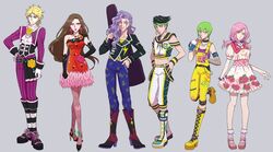  3boys 3girls alternate_costume ascot bad_id bad_pixiv_id battle_tendency black_hair blonde_hair boots brown_hair cross-laced_footwear diamond_wa_kudakenai dio_brando dress fashion flower_skirt foo_fighters_(jojo) green_hair guitar_case hirose_yasuho instrument_case jojo_no_kimyou_na_bouken jojolion kishibe_rohan lace-up_boots lisa_lisa multiple_boys multiple_girls otoishi_akira phantom_blood pink_hair pinstripe_pattern purple_hair red_dress sailor_collar stone_ocean striped umino_mo_kuzu 