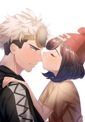  1boy absurdres beanie black_hair black_jacket blush closed_eyes commentary_request eyelashes eyewear_on_head female from_side grey_eyes guzma_(pokemon) hand_on_another&#039;s_shoulder hat highres jacket kissing kissing_nose looking_at_another multicolored_hair pokemon pokemon_sm red_headwear selene_(pokemon) shirt short_sleeves straight sunglasses t-shirt team_skull two-tone_hair undercut upper_body white_background white_hair yellow-framed_eyewear yellow_shirt yoshiyoshiwa 