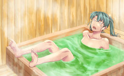  barefoot bath bathing blank_eyes collarbone commentary_request female green_hair ishii_hisao kantai_collection leaning_back legs_up long_hair nude open_mouth pale_eye partially_submerged sitting soles solo steam toes twintails water wet zuikaku_(kancolle) 