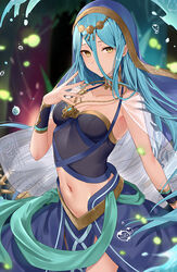  alternate_costume azura_(fire_emblem) azura_(hatari)_(fire_emblem) blue_hair blue_shirt blue_skirt breasts circlet closed_mouth cowboy_shot crop_top dancer female fire_emblem fire_emblem_fates fire_emblem_heroes floating_hair gold hand_up haru_(nakajou-28) highres jewelry long_hair looking_at_viewer midriff navel necklace official_alternate_costume shirt skirt small_breasts smile solo veil very_long_hair water_drop wrist_cuffs yellow_eyes 