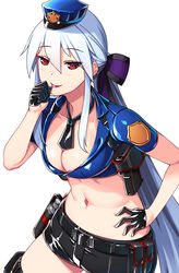  alternate_costume belt black_gloves black_shorts bow breasts cleavage commentary_request crop_top female gloves gun hair_between_eyes hairbow half_gloves hand_on_own_hip handgun hat hiememiko holster long_hair looking_at_viewer midriff navel necktie photoshop_(medium) police police_uniform policewoman ponytail red_eyes short_shorts shorts simple_background smile solo striped_bow thigh_strap uniform very_long_hair vocaloid weapon white_background white_hair yowane_haku 