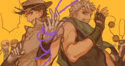  5boys battle_tendency beard blonde_hair bola_(weapon) brown_hair caesar_anthonio_zeppeli chibi cosplay costume_switch diamond_wa_kudakenai facial_hair fedora fingerless_gloves gloves green_eyes green_scarf grey_hair hat hermit_purple highres jojo_no_kimyou_na_bouken joseph_joestar joseph_joestar_(old) joseph_joestar_(young) kujo_jotaro mature_male mitus multicolored_clothes multicolored_scarf multiple_boys official_alternate_costume old old_man plant scarf smile stand_(jojo) stardust_crusaders striped_clothes striped_scarf thorns vertical-striped_clothes vertical-striped_scarf vines white_gloves yellow_scarf 