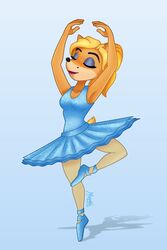  2:3 activision alternate_hairstyle anthro ballerina ballet bandicoot black_nose blonde_hair bottomwear breasts clothed clothing crash_(series) crash_team_racing_(series) crash_team_racing_nitro-fueled dance_shoes dancewear female fingers footwear hair isabella_bandicoot magaska19 mammal markings marsupial mole_(marking) pointe_shoes shoes simple_background skirt smile solo tutu 