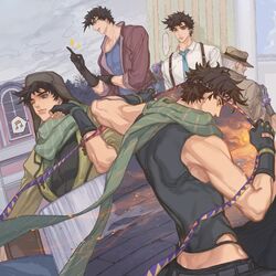  ... 5boys aged_up battle_tendency beard bomber_hat bomber_jacket brown_hair brown_jacket crop_top facial_hair fingerless_gloves fire gloves green_eyes green_scarf grey_hair headband hermit_purple jacket jojo_no_kimyou_na_bouken joseph_joestar joseph_joestar_(old) joseph_joestar_(young) male_focus midriff mitus multiple_boys multiple_persona musical_note necktie old old_man one_eye_closed plant scarf smoke spoken_musical_note stand_(jojo) stardust_crusaders striped_clothes striped_scarf suspenders vertical-striped_clothes vertical-striped_scarf vines white_gloves 